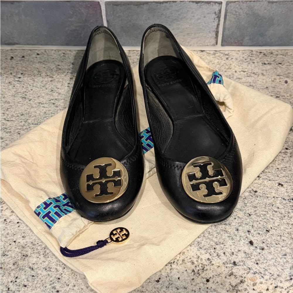 Tory Burch Black Flats with Gold Medallion